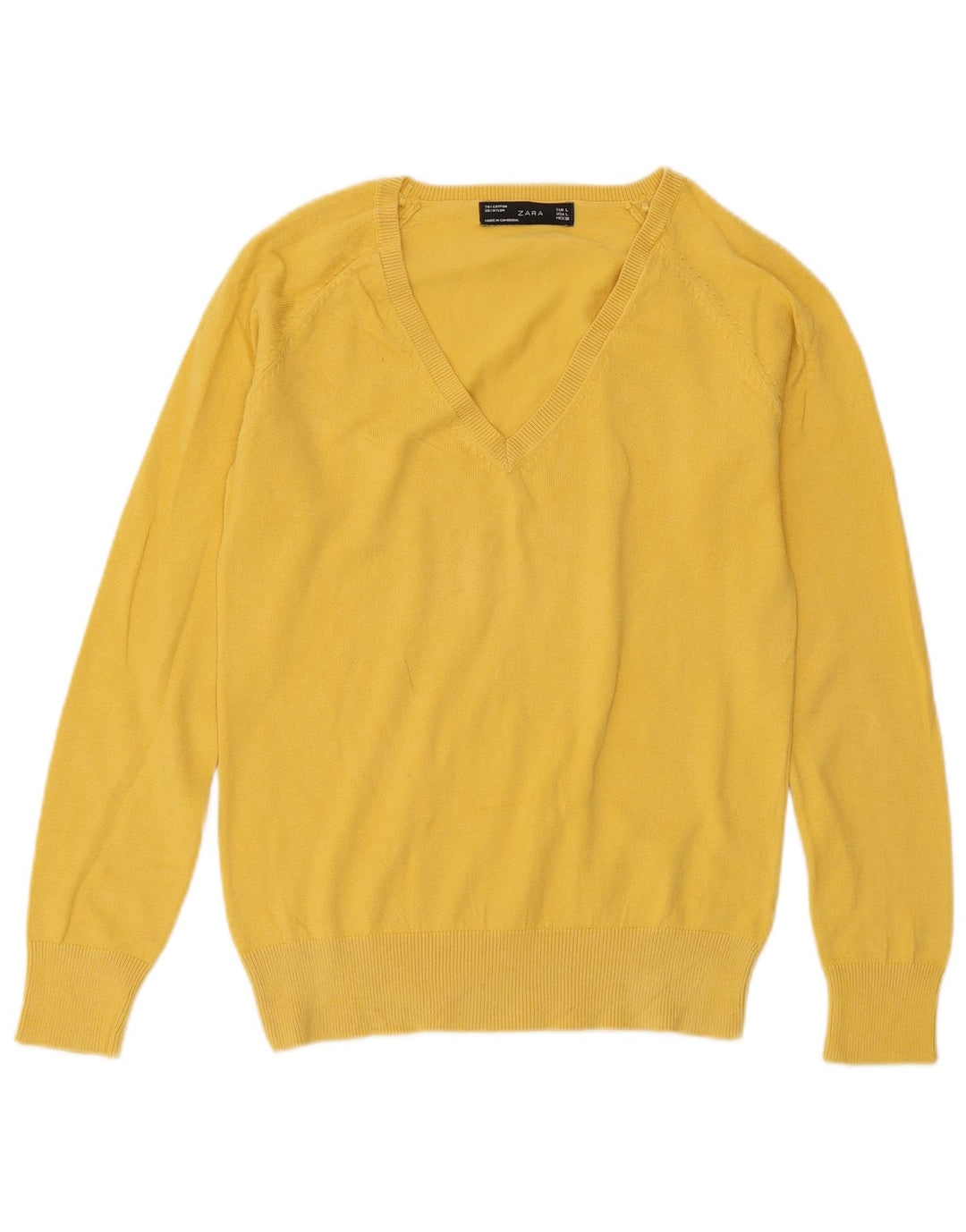 Suéter feminino ZARA com decote em V Reino Unido 14 grande algodão amarelo
