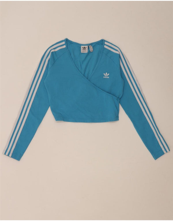 Adidas Mulheres Crop Top Manga Longa Reino Unido 12 Médio Algodão Azul