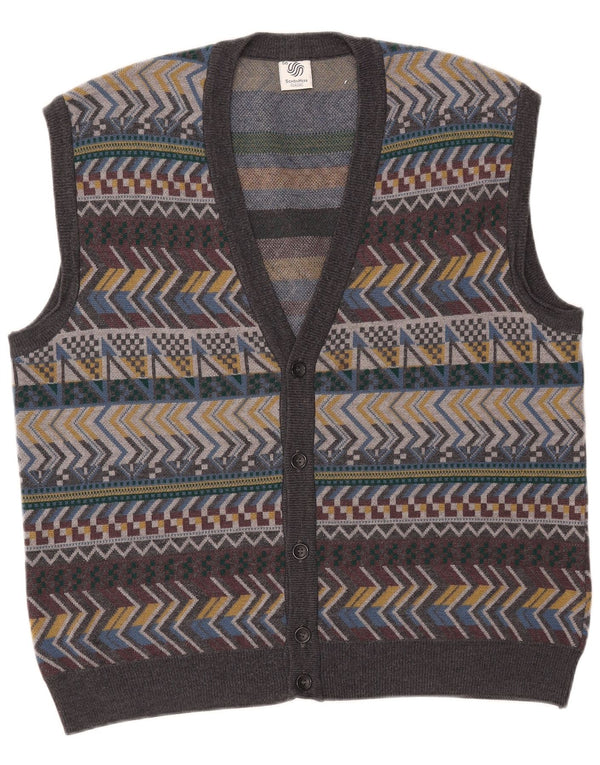 Suéter cardigã masculino vintage sem mangas IT 56 XL lã geométrica cinza