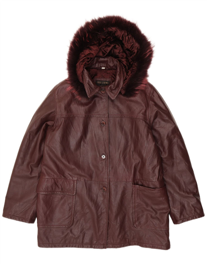 Casaco de couro com capuz grande feminino vintage IT 50 XL couro marrom