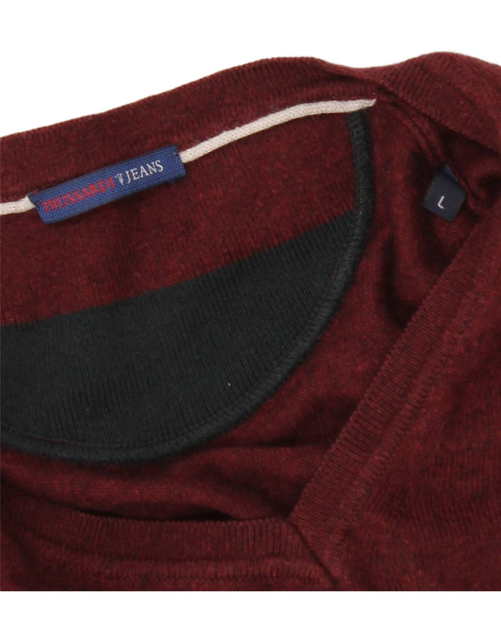 TRUSSARDI JEANS Mens V-Neck Jumper Sweater Large Burgundy Wool Vintage Trussardi Jeans and Second-Hand Trussardi Jeans from Messina Hembry 
