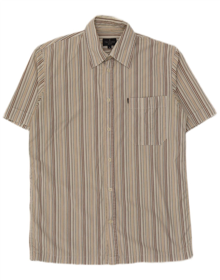 Trussardi Jeans Camisa masculina manga curta listrada bege médio