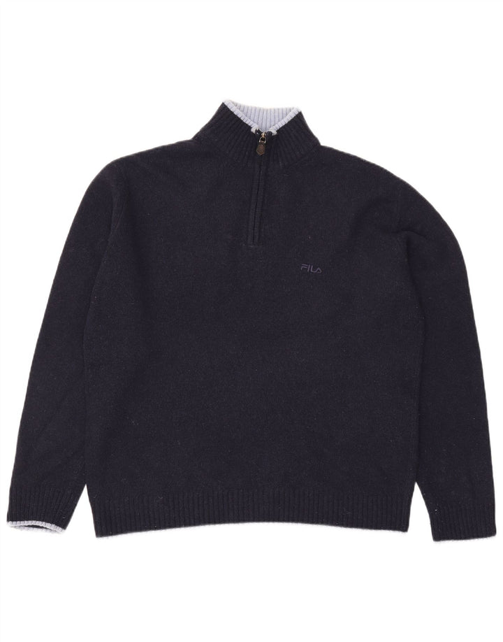 Suéter masculino Fila com zíper e gola grande de lã azul marinho