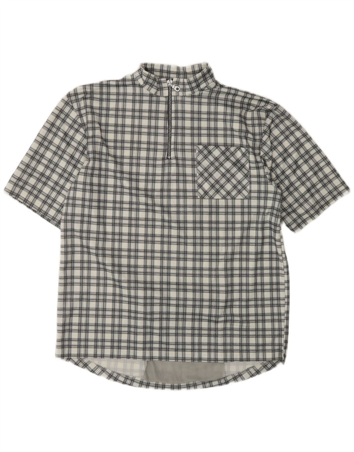 Camisa pulôver masculina VINTAGE de manga curta grande poliéster xadrez cinza