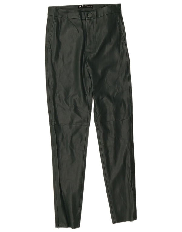 Zara Calça feminina skinny de couro sintético pequena W26 L26 verde poliéster