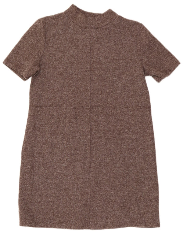 Zara Vestido feminino de mangas curtas, Reino Unido 14, grande, marrom, manchado, poliéster