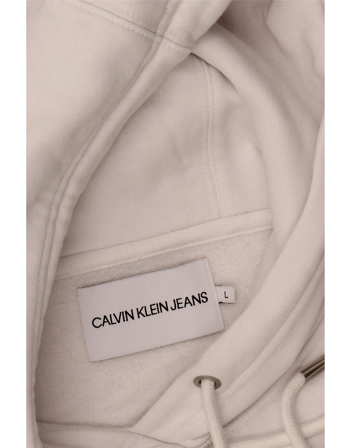 CALVIN KLEIN JEANS Mens Graphic Hoodie Jumper Large White Cotton Vintage Calvin Klein Jeans and Second-Hand Calvin Klein Jeans from Messina Hembry 