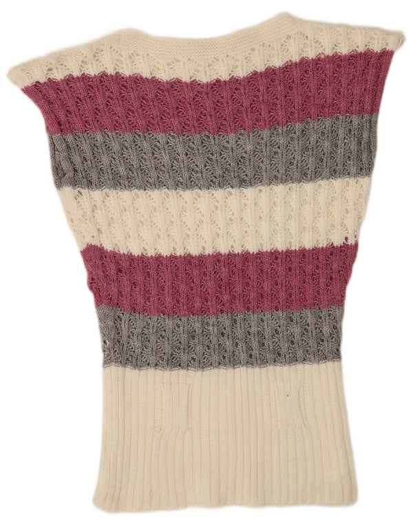 Suéter feminino vintage com decote em V UK 16 grande listrado multicolorido