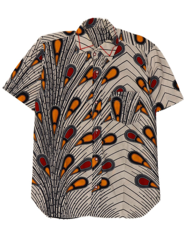 Camisa masculina vintage de manga curta com padrão abstrato branco médio