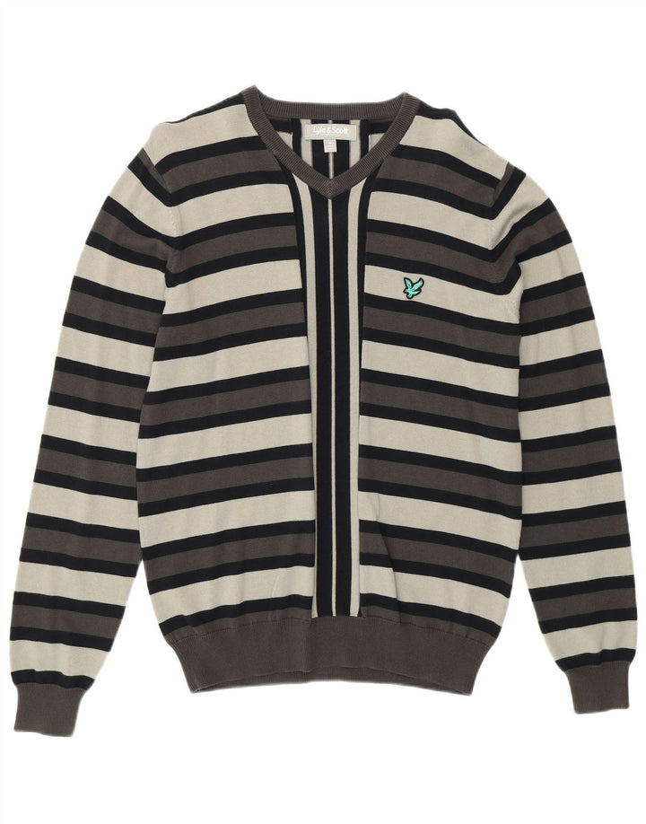LYLE & SCOTT Suéter masculino com gola V e algodão listrado cinza médio