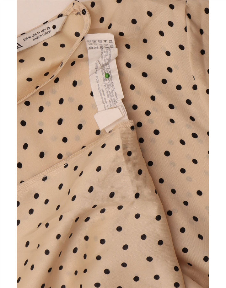 Vestido maxi feminino de manga comprida Zara Reino Unido 14 poliéster bege médio com bolinhas