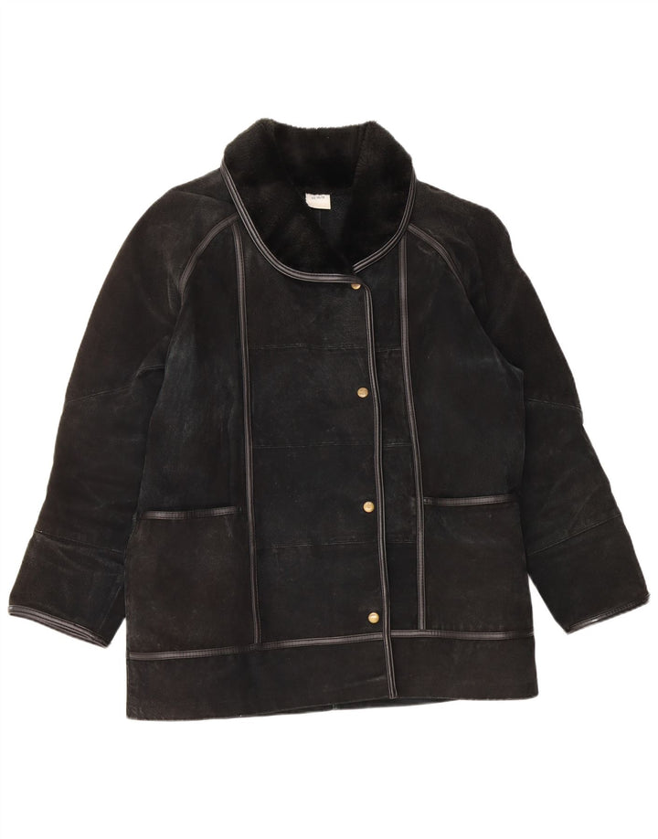 Jaqueta Shearling Feminina Vintage Reino Unido 14/16 Grande Couro Preto