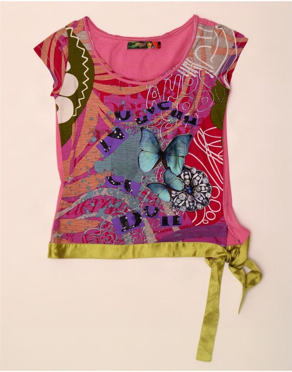 Camiseta feminina Desigual com estampa gráfica UK 14 grande algodão colorblock rosa