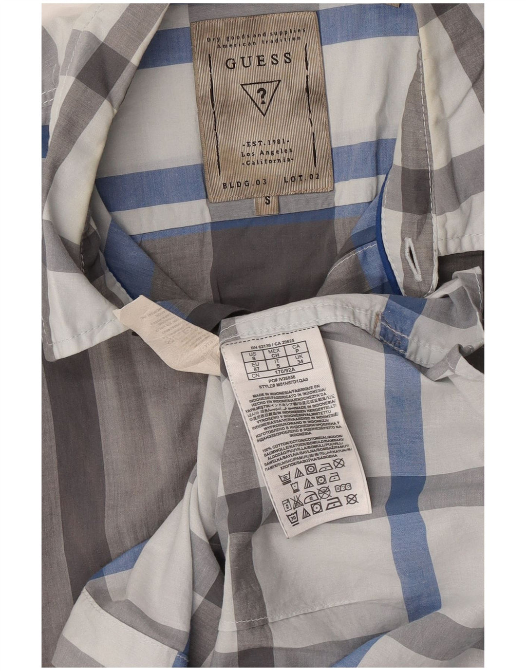 Guess Camisa masculina de manga curta slim fit pequena cinza xadrez algodão