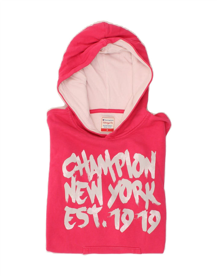 CHAMPION Womens Graphic Hoodie Jumper UK 12 Medium Pink Cotton Vintage Champion and Second-Hand Champion from Messina Hembry 