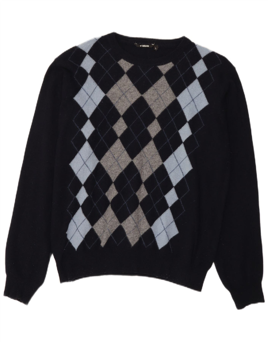 Suéter masculino Brugi com gola redonda, grande azul marinho argyle/lã diamante