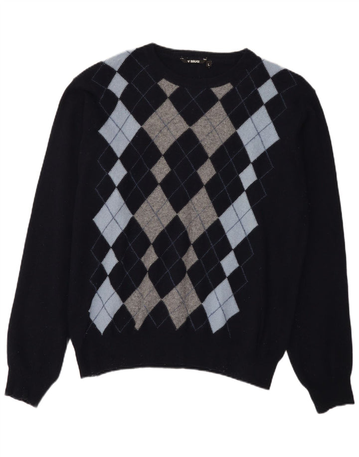 Suéter masculino Brugi com gola redonda, grande azul marinho argyle/lã diamante