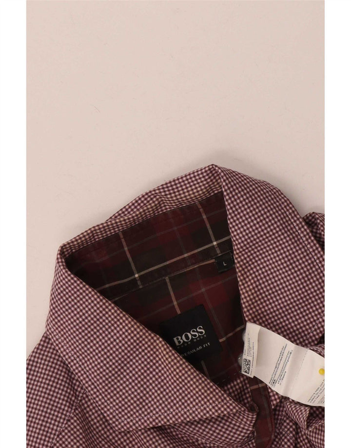 Camisa masculina de ajuste regular Hugo Boss grande algodão gingham cor de vinho