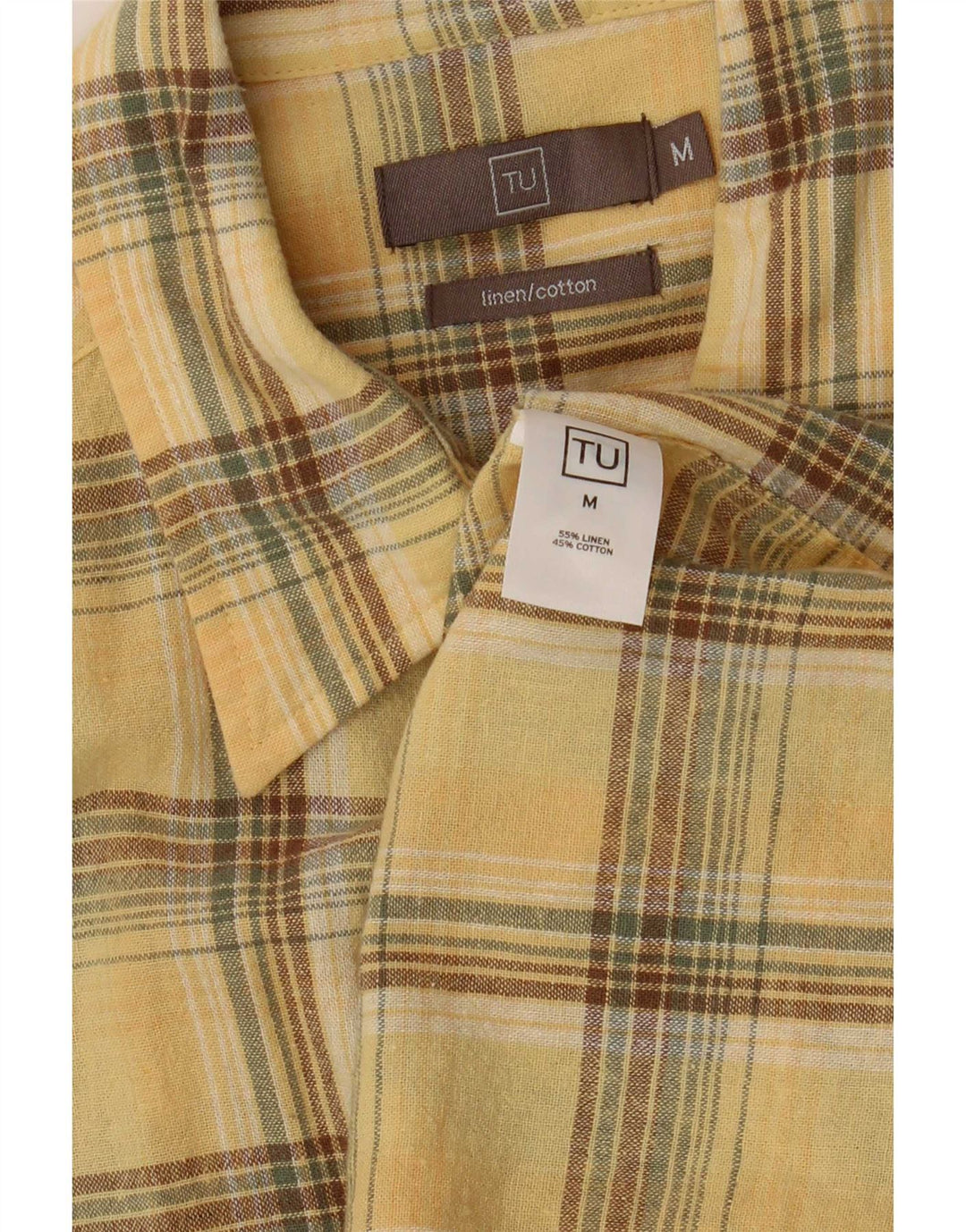 Camisa masculina vintage de manga curta em linho xadrez amarelo médio