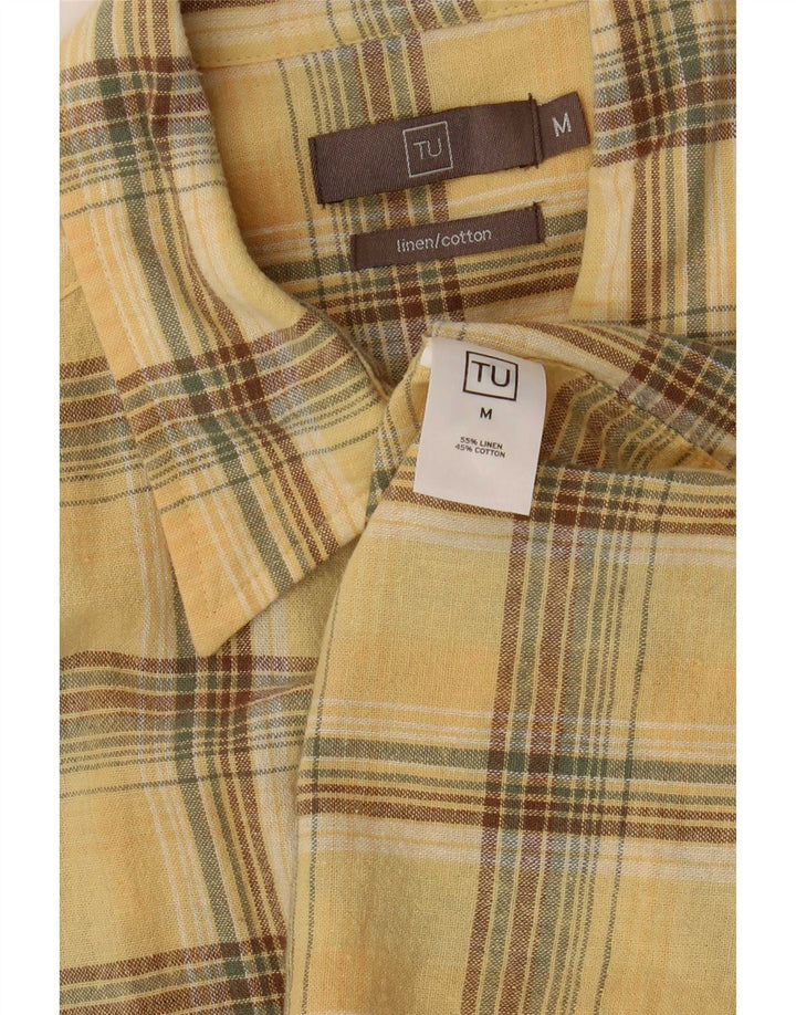 Camisa masculina vintage de manga curta em linho xadrez amarelo médio