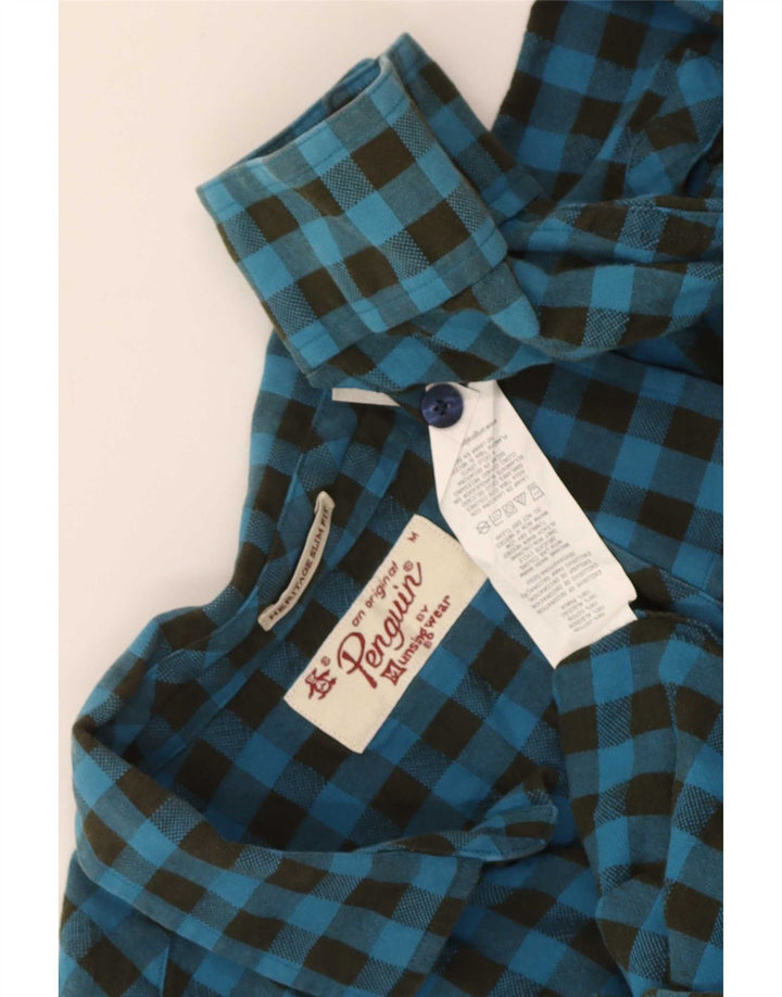 Camisa masculina de flanela Penguin Heritage Slim Fit azul médio algodão guingão