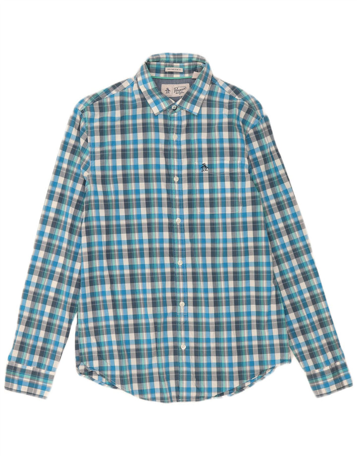 Camisa masculina Penguin Heritage Slim Fit xadrez azul médio