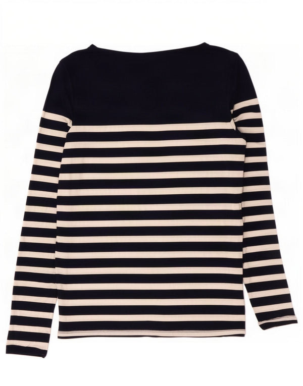 Top feminino Oasis de manga comprida UK 14 grande viscose listrada azul marinho