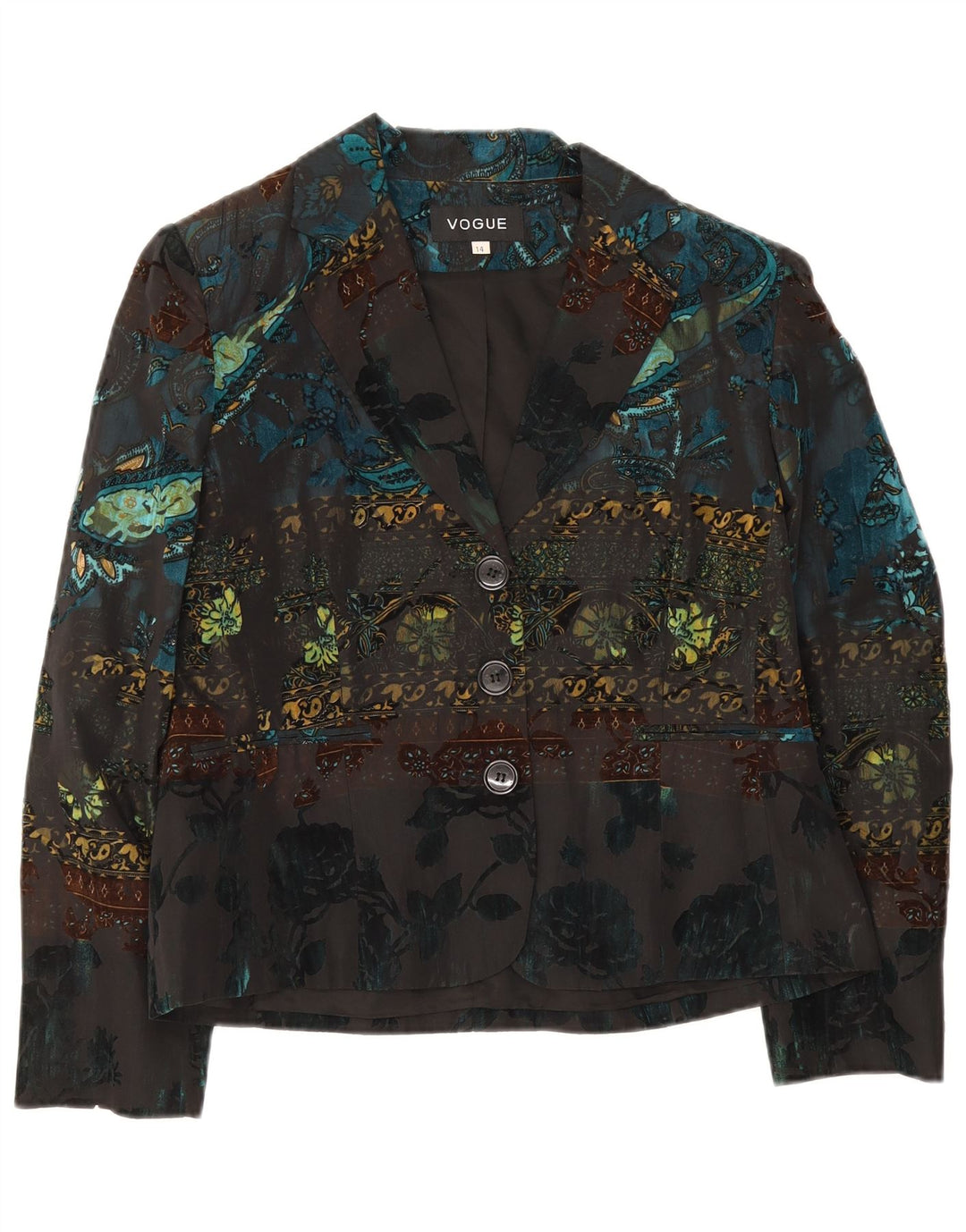 Jaqueta blazer feminina Vogue com 3 botões Reino Unido 14 grande floral multicolorido