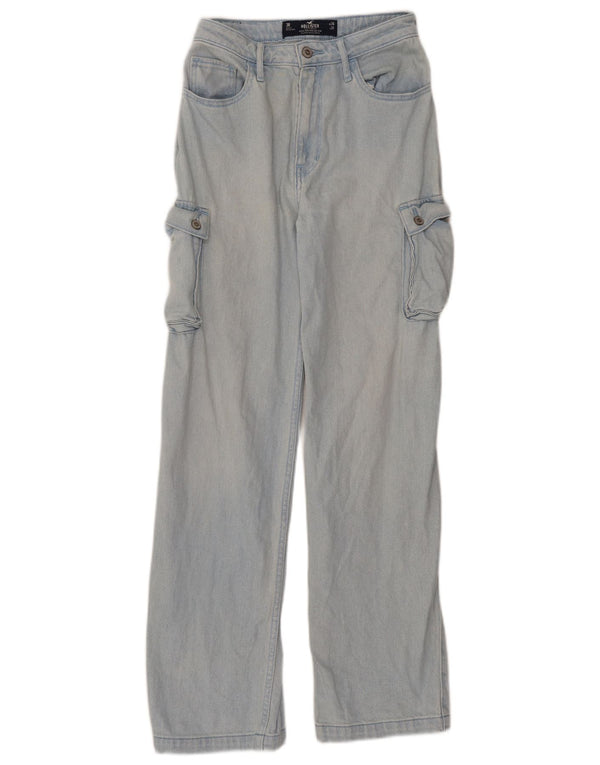 Calça jeans feminina Hollister de cintura alta cargo reta US 3 pequena W26 L31 azul