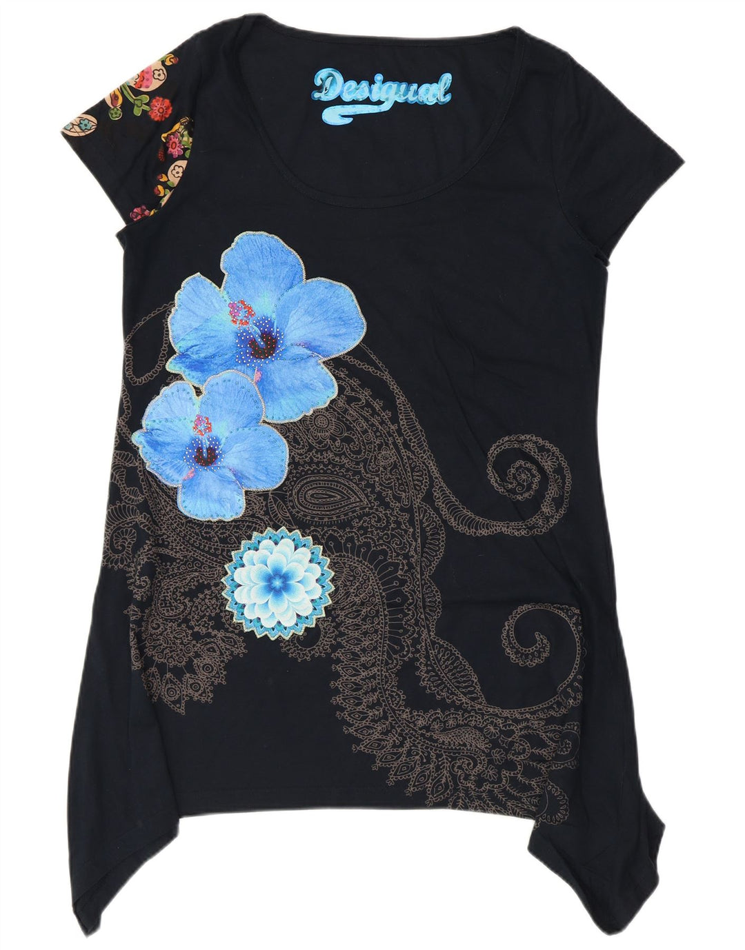 Vestido túnica feminino gráfico assimétrico Desigual Reino Unido 14 médio preto floral