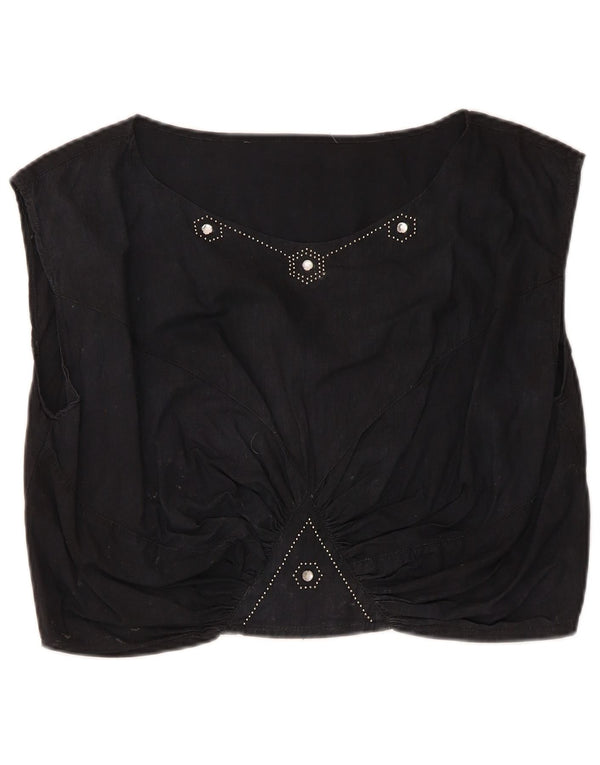 Vintage Womens Crop Blouse Top UK 14 Medium Black