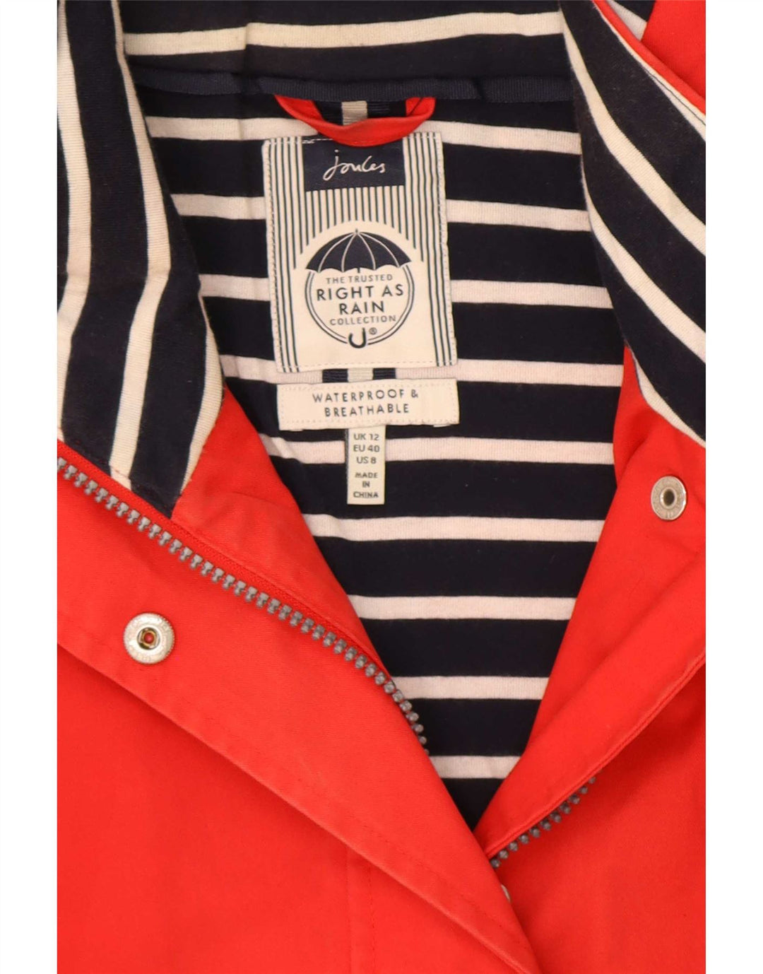 Capa de chuva feminina com capuz Joules UK 12 algodão vermelho médio
