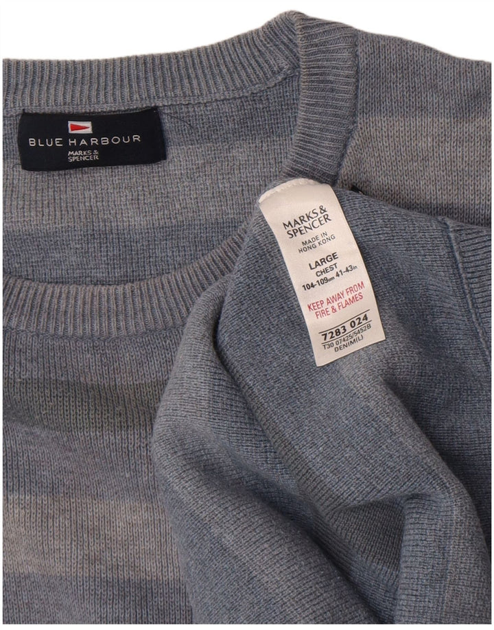 Suéter masculino Marks & Spencer com gola redonda, grande algodão listrado azul