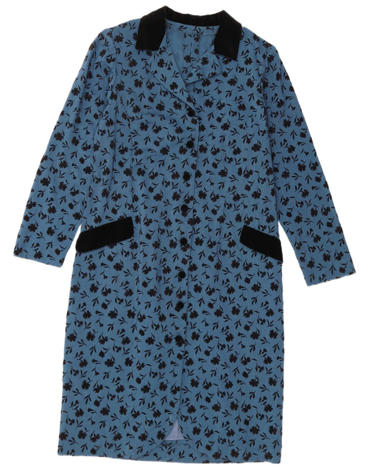 Vestido feminino vintage de manga comprida UK 14 floral azul médio