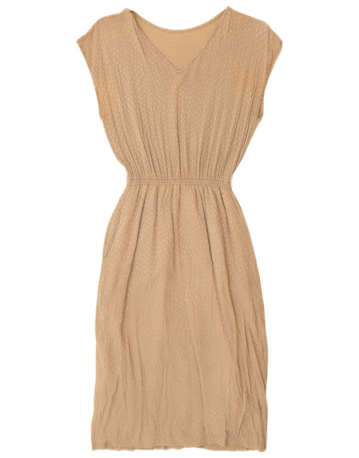 Vestido bainha feminino vintage Reino Unido 10 pequeno bege geométrico