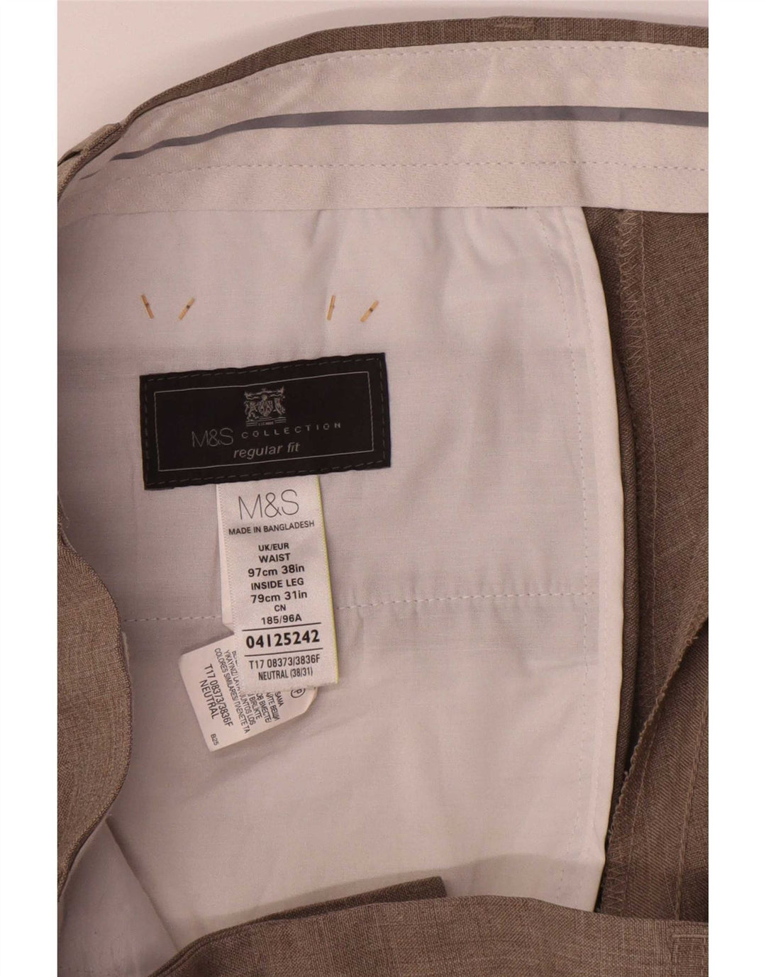 Calça masculina de ajuste regular Marks & Spencer W38 L31 poliéster bege