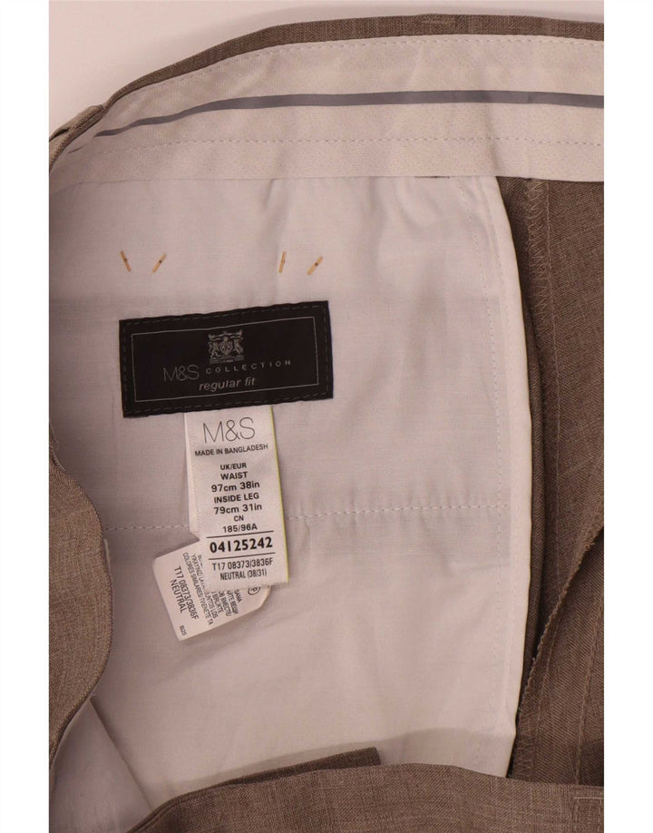 Calça masculina de ajuste regular Marks & Spencer W38 L31 poliéster bege