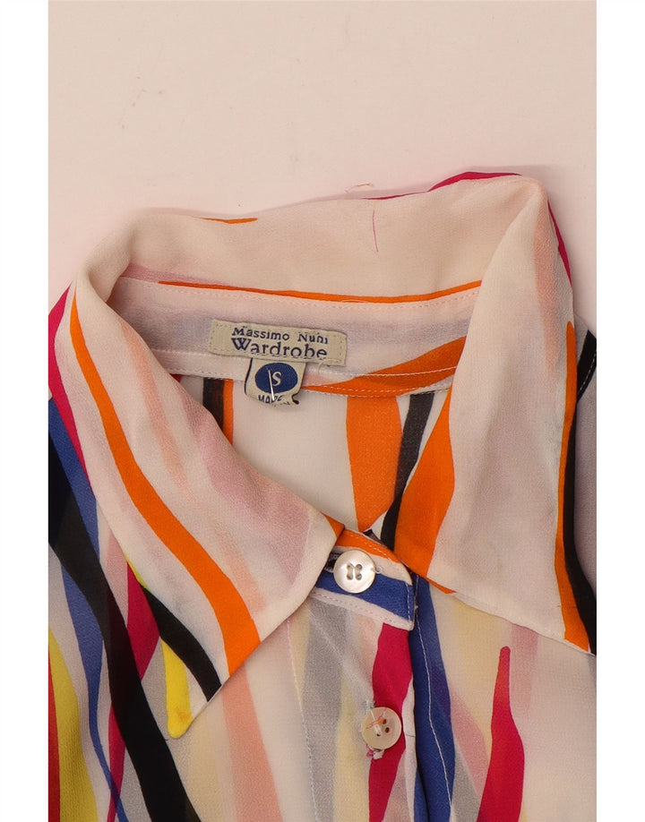 Blusa feminina vintage transparente Reino Unido 10 listrada pequena multicolorida