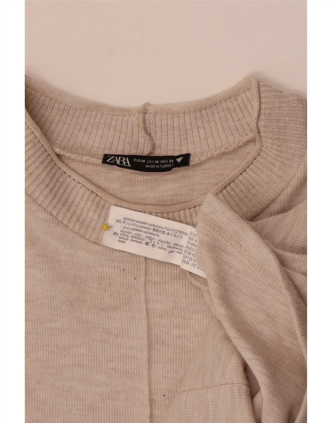 Vestido feminino Zara UK 14 poliéster manchado bege médio