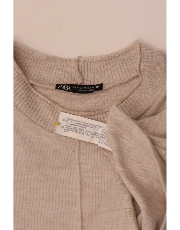 Vestido feminino Zara UK 14 poliéster manchado bege médio