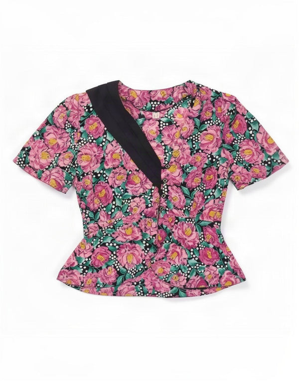 Blusa feminina vintage UK 12 médio rosa floral