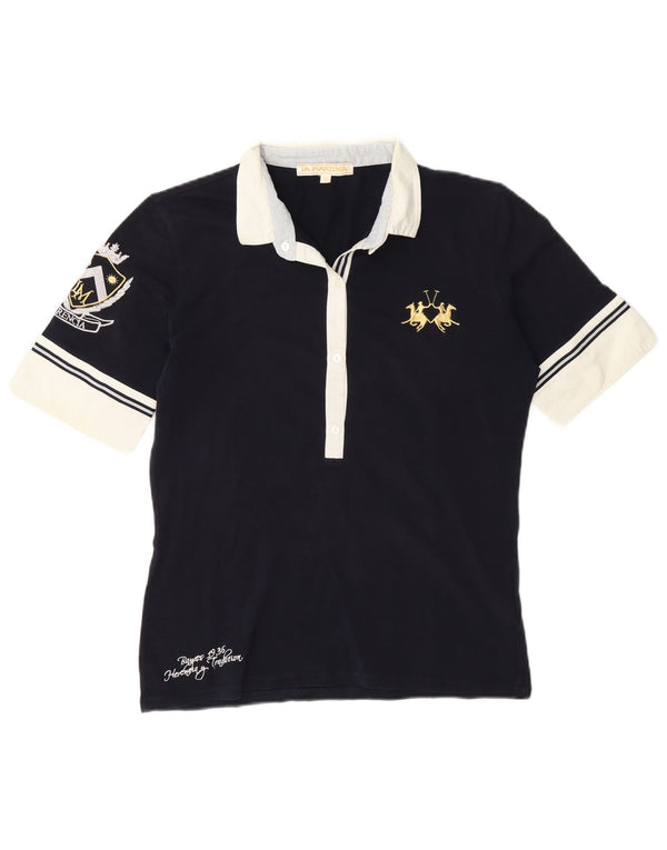 Camisa polo feminina La Martina UK 18 XL azul marinho algodão colorido