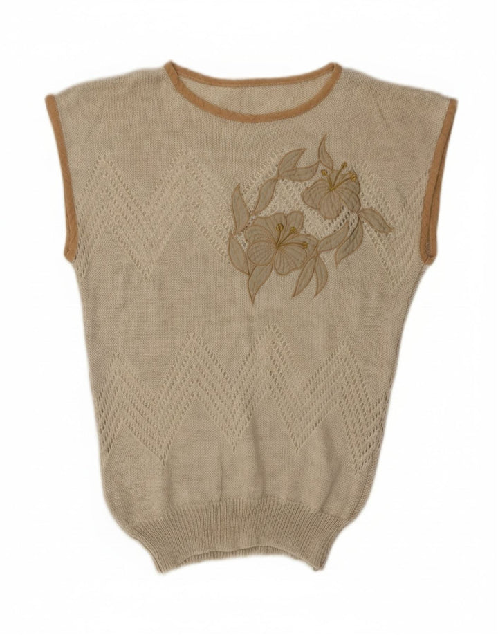 Colete feminino vintage regata UK 12 acrílico floral bege médio