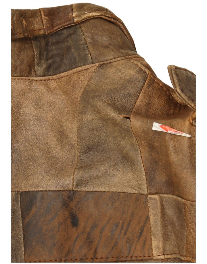 Jaqueta de couro bomber feminina vintage Reino Unido 16 grandes retalhos marrons