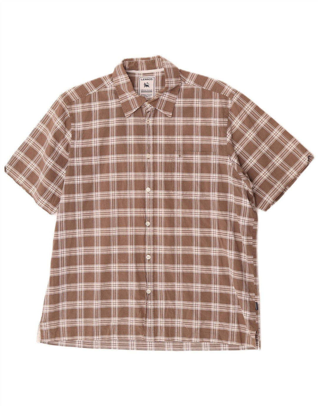 Lerros Camisa masculina de manga curta grande algodão xadrez marrom