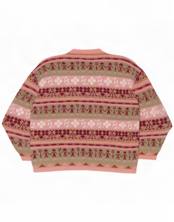 Suéter cardigã feminino vintage Reino Unido 18 XL rosa Fair Isle acrílico