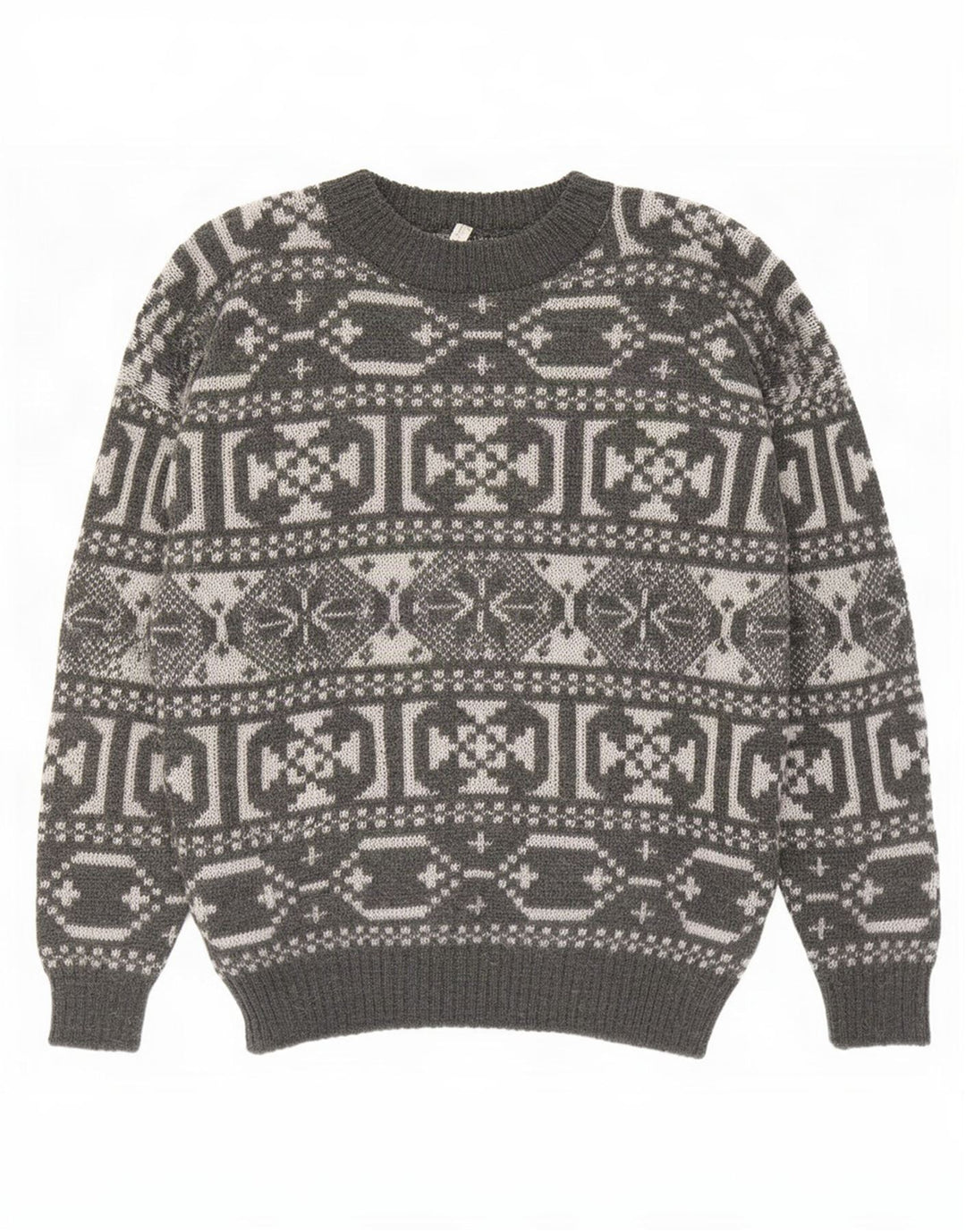 Suéter vintage masculino com gola redonda e lã geométrica cinza médio