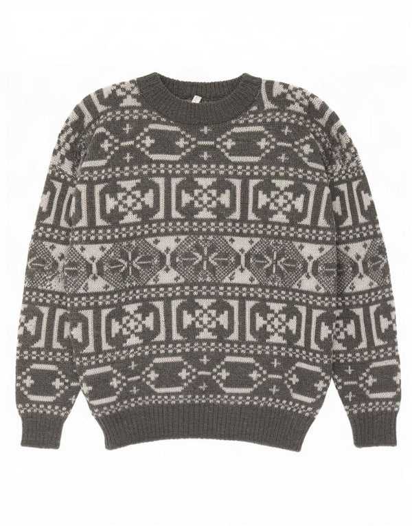 Suéter vintage masculino com gola redonda e lã geométrica cinza médio