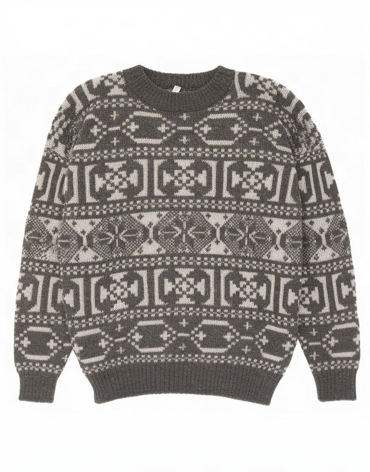 Suéter vintage masculino com gola redonda e lã geométrica cinza médio