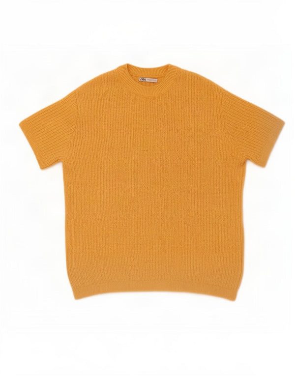 Zara Suéter masculino de manga curta com gola redonda e algodão amarelo médio